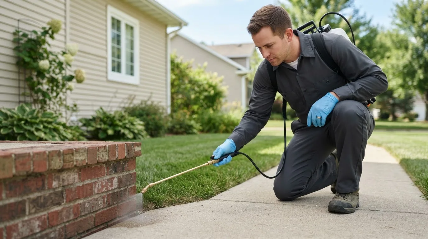 Pest control technician treating a home near Keene, TX